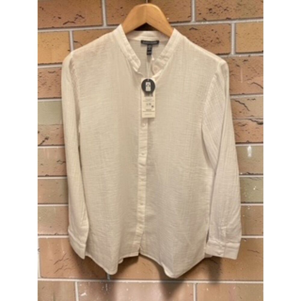 Eileen Fisher Organic Cotton Ripple Mandarin Collar Shirt White XXS NWT